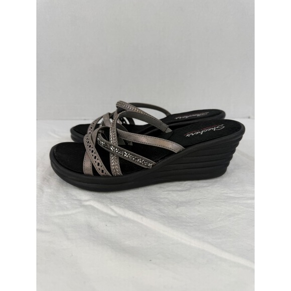 Skechers Womens Pewter Metallic Rhinestone Memory Foam Wedge Sandals Size 9 - Picture 5 of 11